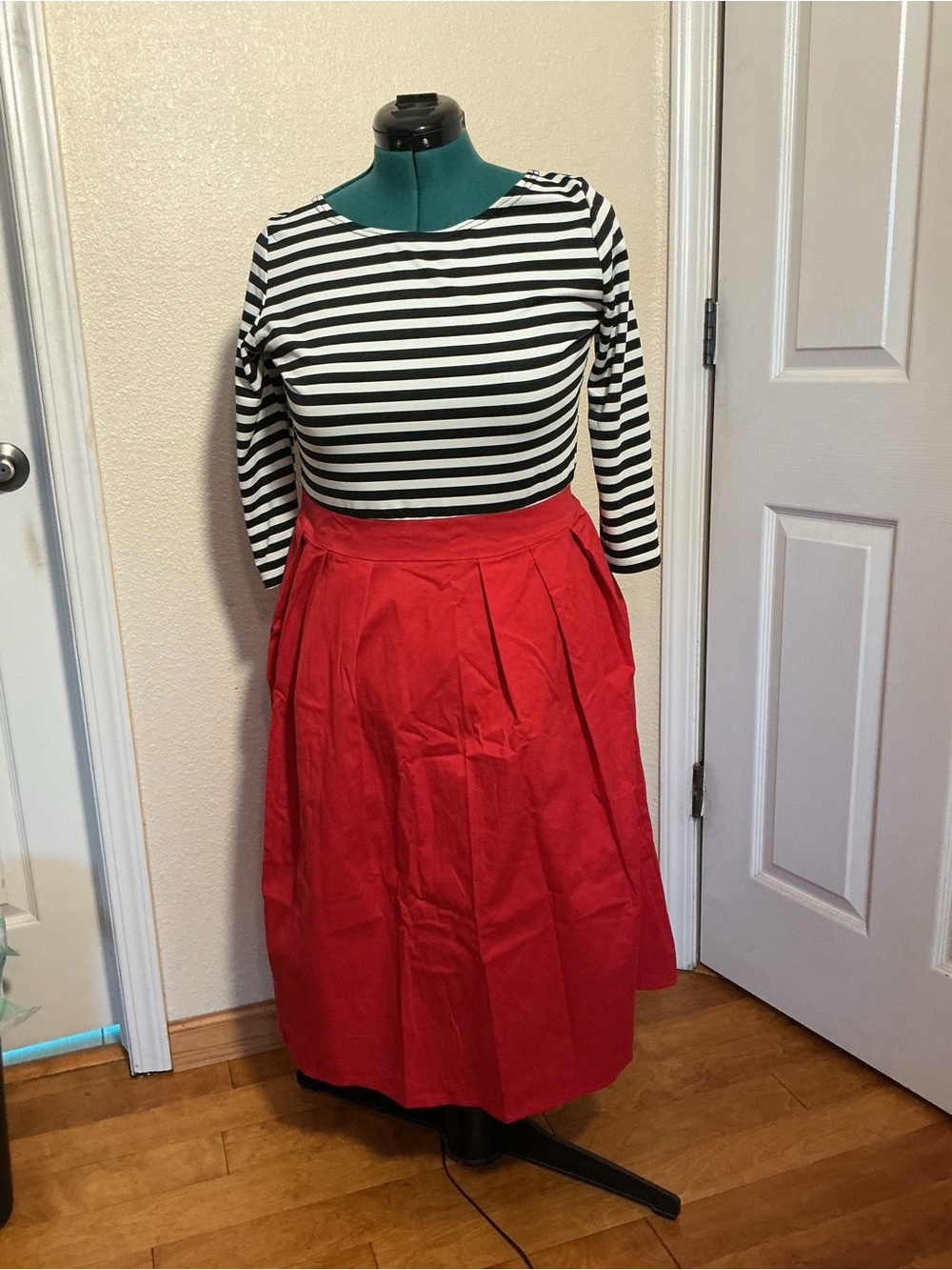 Striped Long-Sleeve Dress with Red Pleated Skirt